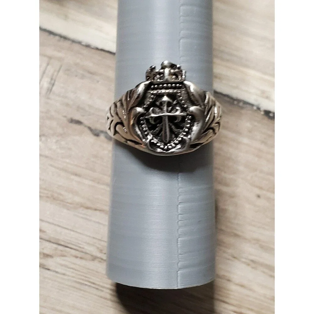 Vintage Medieval Heraldic Signet Ring 316L Stainless Steel Crown Cross Shield